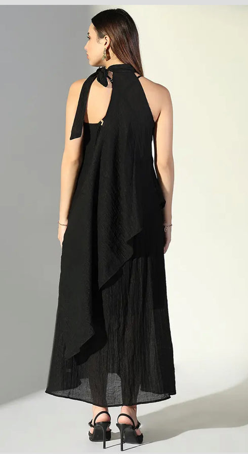 Ladies Chic Dress With Halter Neck Asymmetrical Flowing Hem
